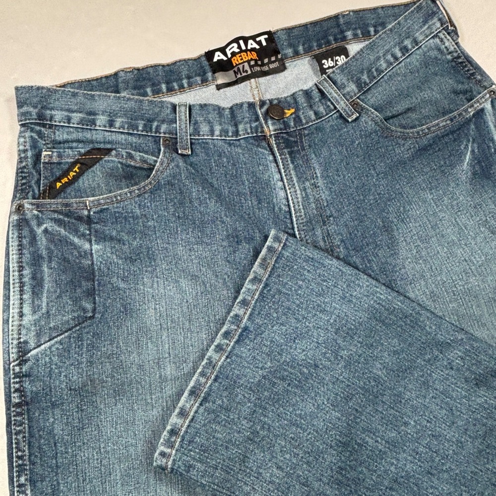 Ariat‎ Jeans Mens 36/30 Rebar M4 Low Rise Boot Blue Stretch Denim EUC